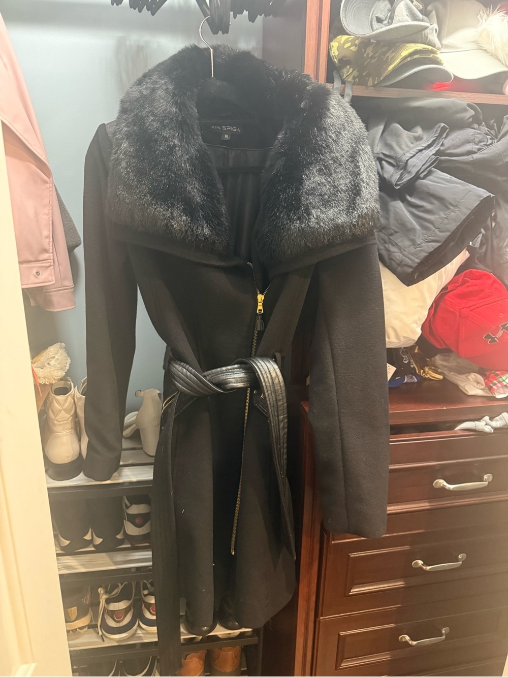Via Spiga Black Wool-Blend Trench Coat with Faux-Fur Collar